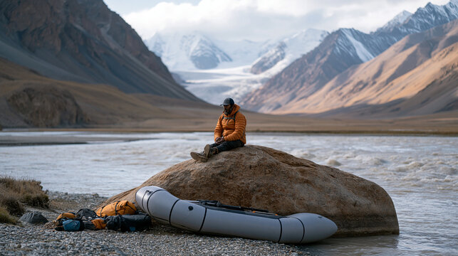 Tibetan packrafter scouting remote glacial river from boulder above, inflatable raft on gravel bank, expedition gear scattered, raw mountain wilderness with snowfields visible