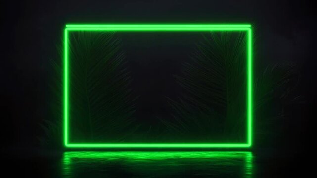 Animated green neon frame with smooth moving tropical palm leaves background video