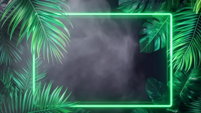 Animated green neon light frame border with tropical palm leaves and white smoke background loop video