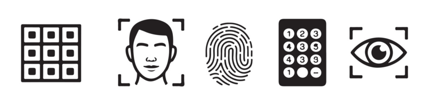 Digital biometric authentication interface icons showing face scan fingerprint keypad and eye analysis.