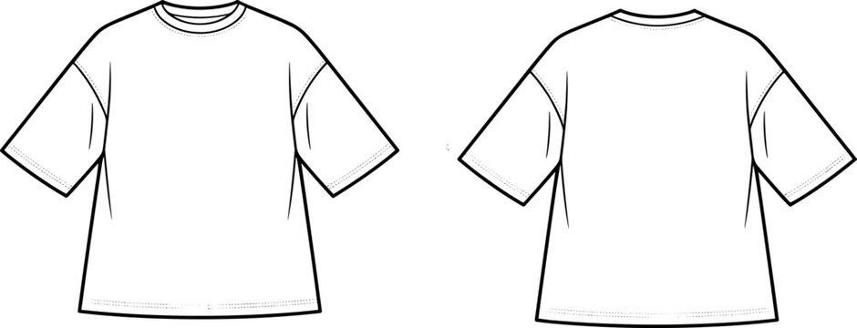 Technical flat sketch of an oversized boxy t-shirt template for fashion design tech packs featuring front and back views with dropped shoulder seams.