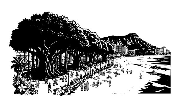 Banyan fig trees at Waikiki Beach Honolulu Oahu Hawaii tropical coastal vector illustration