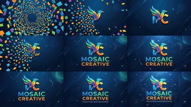 Creative mosaic bird logo animation vibrant abstract shapes explode and form colorful design.