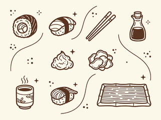 Hand Drawn Set Vector Illustration of Sushi Food Items and Utensils © Crushin