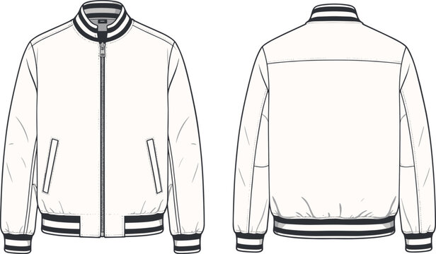 Technical flat sketch of bomber varsity jacket with striped ribbed collar cuffs and hem zip up front and back view vector clothing template