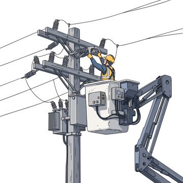 Electrical lineworker in bucket truck repairing power line transformer