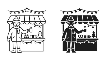 Winter Market Stall: A person in winter clothing stands at a festive market stall, holding a warm drink and enjoying the holiday atmosphere, with fairy lights and seasonal treats adding to the charm. © Hussain