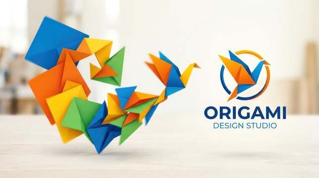 Origami bird logo design with colorful paper folded shapes on simple light grey backdrop.
