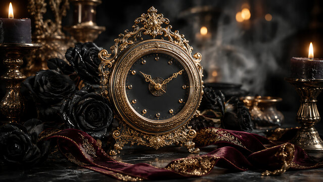 Gothic antique gold table clock with black dial surrounded by black roses candles burgundy velvet and moody ornate luxury decor