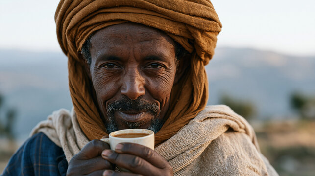 Ethiopian coffee farmer celebrating finishing a row of seedlings by drinking a small cup of fresh brew immediately on completion the instant reward embedded into the physical
