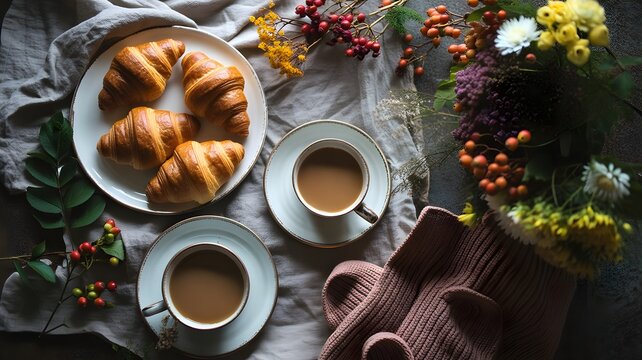Croissants and coffee on rustic table setting