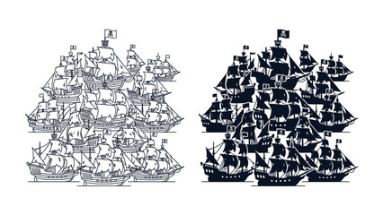 Pirate Armada Confrontation: Two opposing fleets of pirate ships, one in detailed sketch and the other in silhouette, face each other in a dramatic maritime standoff, evoking adventure and conflict. © Ajhar234