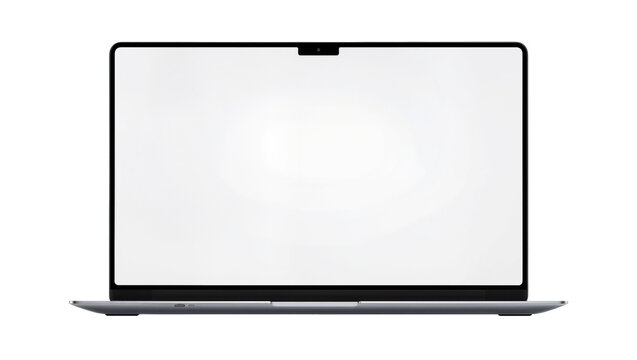 Modern silver laptop with blank white screen and webcam