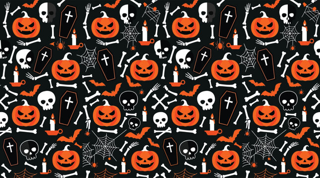Halloween pattern with pumpkins skulls and spooky symbols on black background
