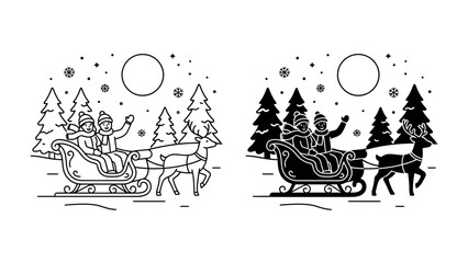 Santa's Winter Journey: A charming depiction of Santa Claus and a child embarking on a magical sleigh ride pulled by reindeer through a snow-covered forest under a full moon. © Hussain