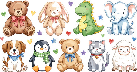 Obraz premium Cute baby animals and plush toys collection vector illustration isolated on a white background
