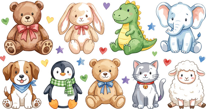 Cute baby animals and plush toys collection vector illustration isolated on a white background