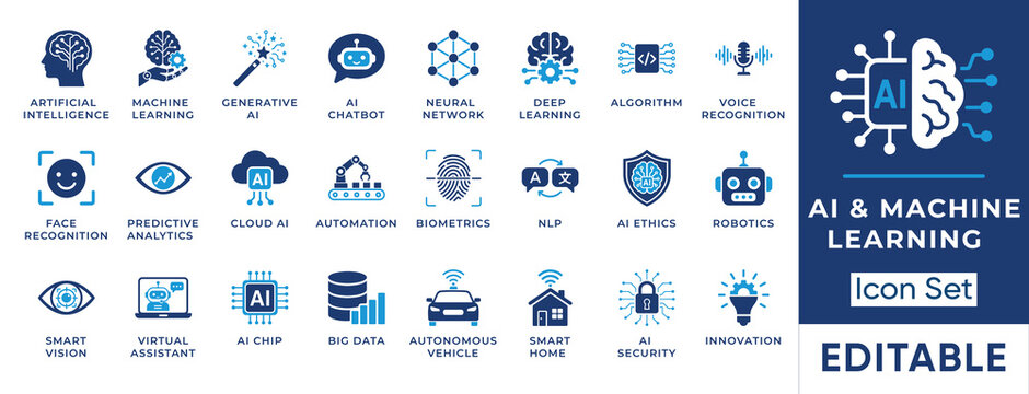 Artificial intelligence and machine learning solid icon set. Includes symbols for Generative AI, Neural Network, and Deep Learning. Vector icons for UI design, tech startup, and web dashboard.