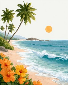 Vertical Vintage gouache style painted illustration of a serene tropical beach with palm trees, orange hibiscus flowers, and turquoise ocean waves under a warm yellow sun, a tranquil summer vacation b