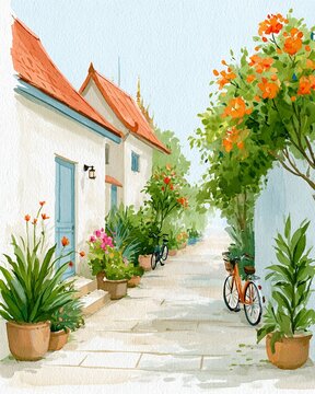 Vertical Hand-painted watercolor illustration of a tranquil Southeast Asian old town alley with bicycles and blooming flowers, a serene and nostalgic summer travel destination.