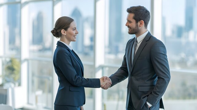 Hombre y mujer de negocios d&aacute;ndose la mano en una oficina moderna con vistas a la ciudad