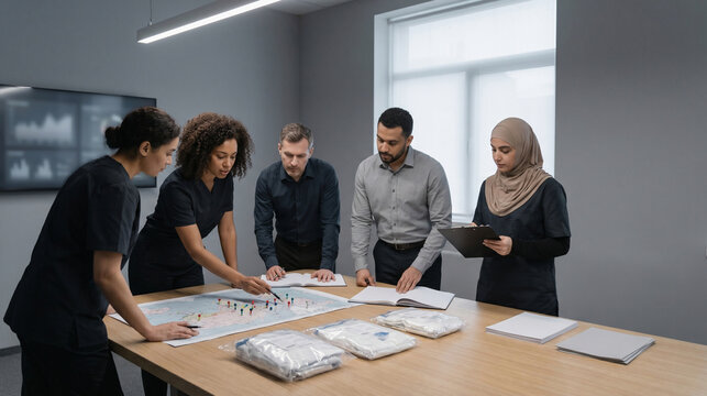 Public health response team examines outbreak mapping in a tidy operations room