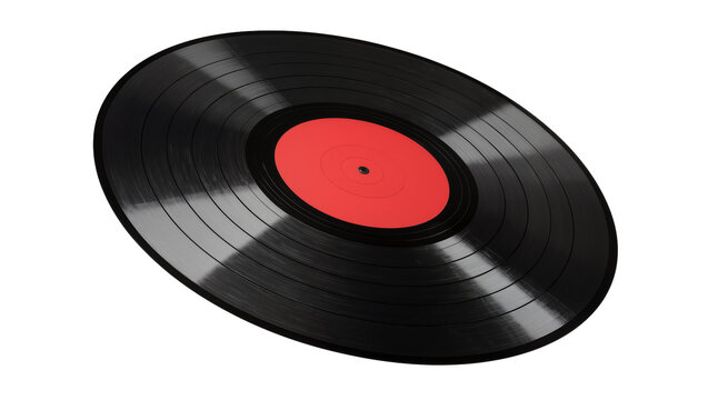 Black vinyl record with red label and grooves