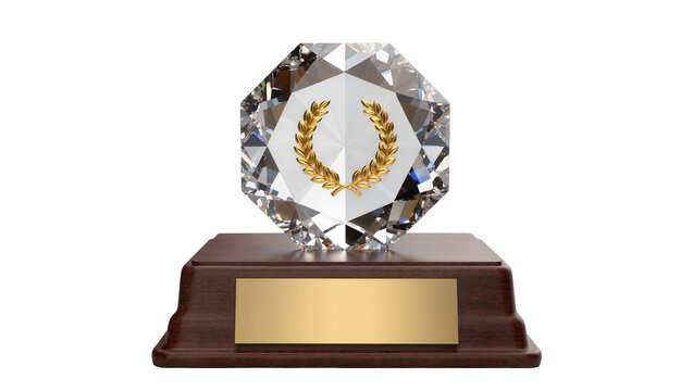 Crystal trophy with gold laurel wreath and wooden base