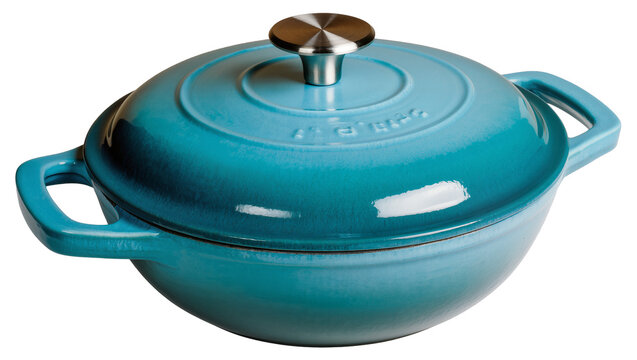 Turquoise cast iron Dutch oven with metal lid knob and handles