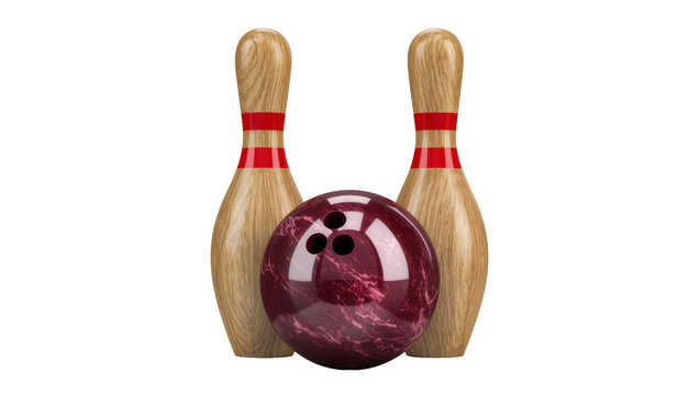 Wooden bowling pins with red stripes and purple marbled bowling ball