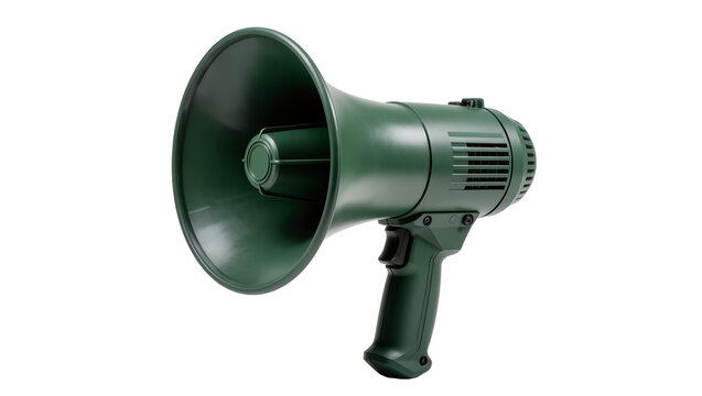 Green plastic megaphone with handle and speaker grill