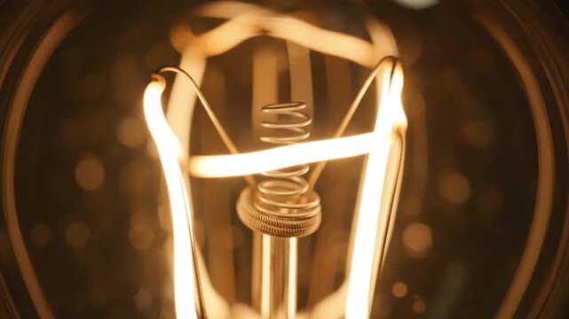 Close up of a glowing vintage light bulb filament