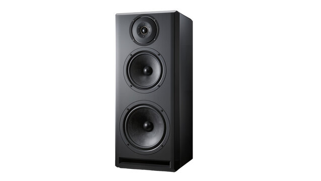Black three-way floorstanding speaker with three drivers