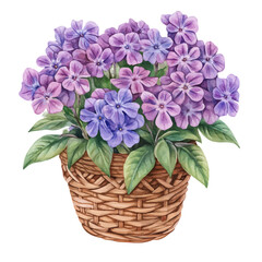 Obraz premium Phlox Bouquet In A Basket, charming vector painting in watercolor with whimsical textures, isolated on a white background.