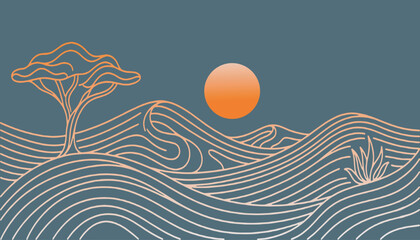 Abstract desert landscape with sun and trees, featuring wavy lines in a minimalist style. © Riki