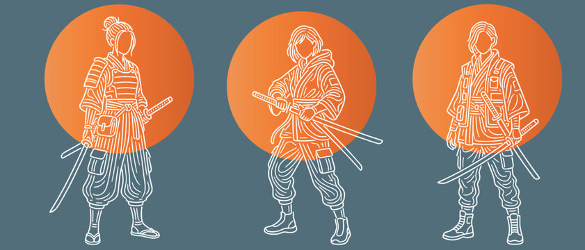 Three stylized samurai warriors with katanas in front of orange circles, vector illustration.