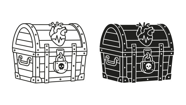 Treasure Chest Illustration: A detailed illustration of a vintage treasure chest, complete with a lock featuring a skull and a heart with a pulse, symbolizing mystery and hidden riches.