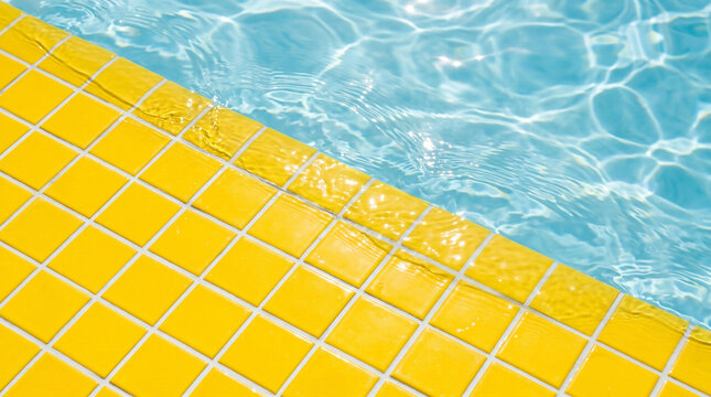 Summer vacation background, tourism, travel concept.  Bright yellow pool tiles and clear turquoise blue rippling pool water.  Space for text. 