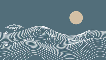 Minimalist desert landscape with sand dunes, sun, and stylized trees at sunset, vector illustration. © Riki