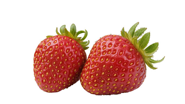 Two ripe red strawberries with green leaves and yellow seeds
