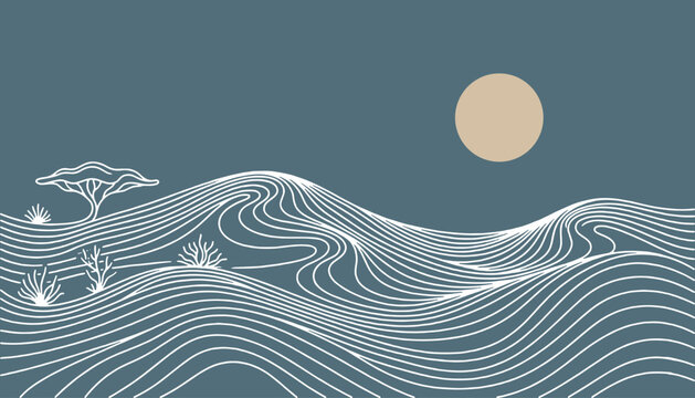 Minimalist desert landscape with sand dunes, sun, and stylized trees at sunset, vector illustration.