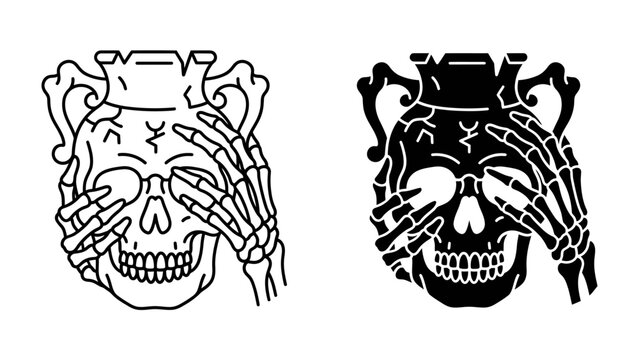 Skull Covering Eyes Icon: A stylized skull, depicted in both line art and silhouette, covers its eyes with skeletal hands, symbolizing denial or willful ignorance.