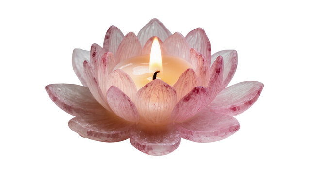 Pink lotus flower candle with lit flame