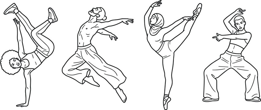 Diverse group of dancers performing ballet, breakdance, contemporary, and hip hop routines in minimalist vector line art style.
