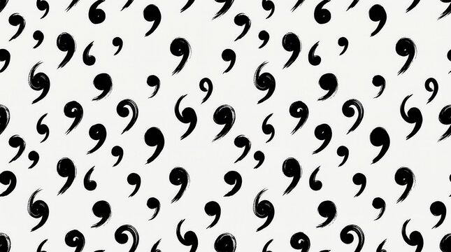 Black, hand-drawn commas and swirl shapes create a dynamic, seamless pattern on a white background