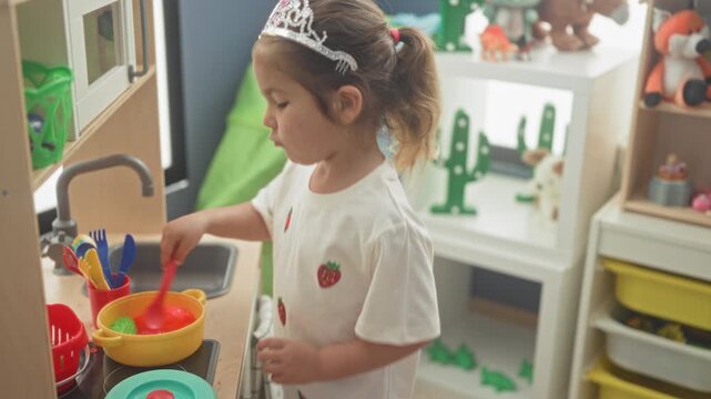 Little girl wearing tiara stirs plastic bowl with red spoon at toy sink in a playroom building; playful imagination.