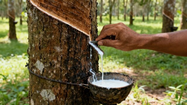 Worker's dark-skinned hand uses a sharp knife to guide dripping white natural rubber latex from a scarred tree into a rustic collection bowl.