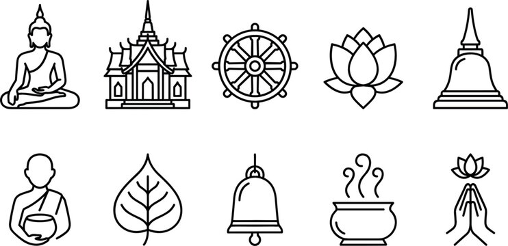 Buddhist Religion and Culture Black Line Icon Set Featuring Meditating Buddha Dharma Wheel Lotus Flower Temples and Monk Vectors