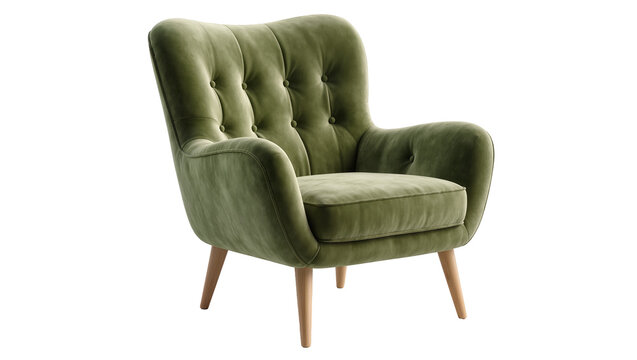 Tufted green velvet armchair with wooden legs