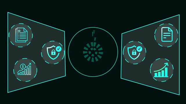 a looping animation of a high-tech digital security system in action. The scene should feature holographic interfaces. digital interface showcasing various security and communication ...